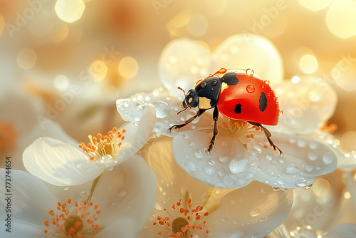 A beautiful of a macro with a ladybug with dew drops sitting on white flowers on a sunny morning in the garden. Ai generative.