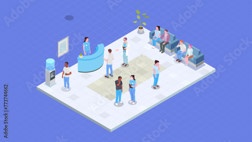 Receptionist isometric vector illustration. A beautiful design illustration of reception 3d isometric. Man woman people character patient waiting in clinic office design.