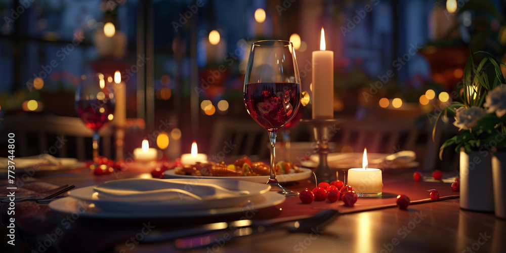 A image of a romantic dinner date at a candlelit restaurant with glasses, flickering candles, and a delicious meal being served