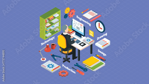 Engineering Design Technology jobs isometric vector illustration. Engineering designer working man sitting at his workplace working with computer program.