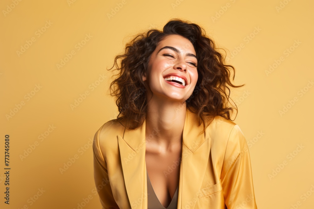 Cheerful Middle Eastern businesswoman in her late 20s, against a soft beige background, flashing a radiant smile Cheerful Middle Eastern businesswoman in her late 20s, against a soft beige background, flashing a radiant smile