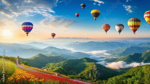 A beautiful landscape with a large number of hot air balloons flying in the sky