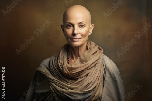 A bald woman in her early 50s, emanating grace and wisdom. The photo captures her inner glow against a backdrop of earthy tones, symbolizing her grounded nature