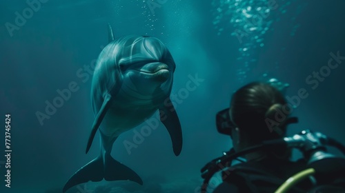 Smiling Dolphin Greeting a Scuba Diver Underwater © Parintron
