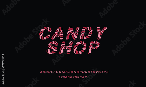 Candy Shop is Festive font 3d bold style cute color for summer party poster, t shirt, flier, decoration, card, sale banner, printing on fabric, industrial. Cool typeface. Trendy alphabet, shop