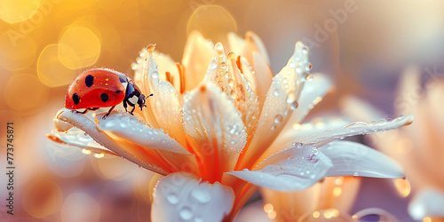 A beautiful panorama of a macro with a ladybug with dew drops sitting on flower on a sunny morning in the garden. Ai generative.