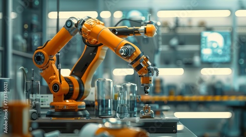 The excitement of robotics with an image of a robot arm assembling or manipulating objects in a laboratory or factory setting