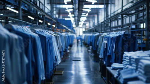 Clothing factory. An automated garment manufacturing facility revolutionizing the fashion sector through modern robotic techniques. 