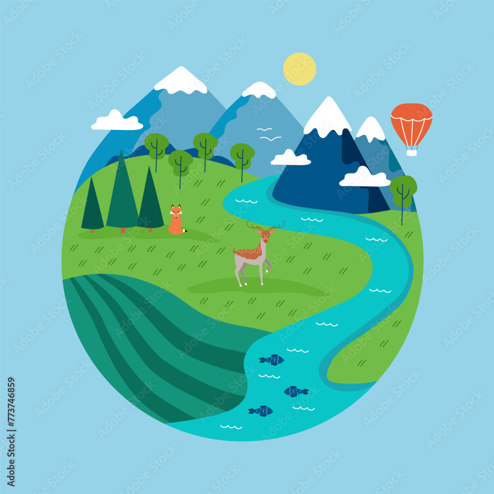 Obraz premium Happy Earth Day Banner. Vector illustration of planet Earth with nature, mountains, river, animals. Environmental safety concept for greeting card, social media post, banner, poster.