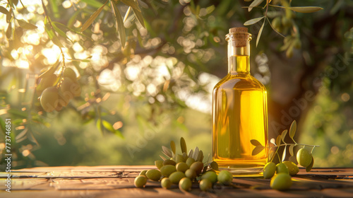 A bottle of olive oil and scattered olives sit on an old wooden table against a backdrop of a sunlit olive grove at sunset.
