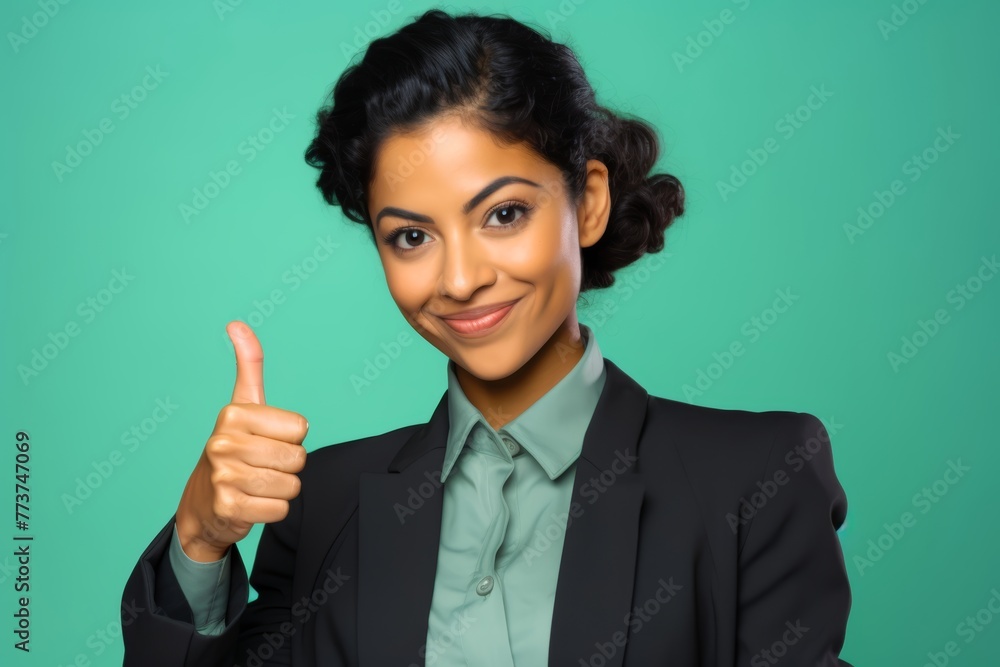 A young Hispanic businesswoman in her early 30s, against a gentle mint green background, showing a thumbs-up gesture with her hand. A young Hispanic businesswoman in her early 30s, against a gentle mint green background, showing a thumbs-up gesture with her hand.