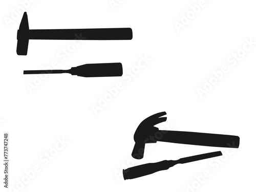 hammer And chisel silhouettes. Mine worker, using a chisel and hammer, black silhouette. vector for website design, logo, app, and ui. vector icon for web design isolated on white background.