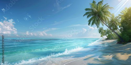 A image of a tropical beach paradise with palm trees, turquoise waters, and white sandy beaches, inviting relaxation and tranquility