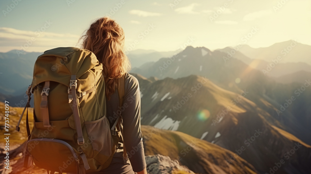 A woman is enjoying the sunset at the top of the mountain wearing a backpack, close-up photo from behind.