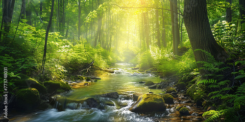 forest in the morning  A image of a tranquil forest stream flowing gently through a green forest  with sunlight filtering through the tree