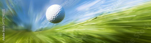 A dynamic shot of a golf ball just moments after being struck, with the club in motion blur, against a background that artistically blends green turf and blue sky.