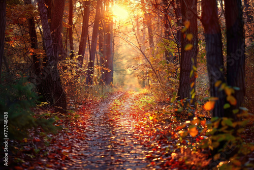 A winding forest path covered in fallen leaves leading to a sunlit clearing © Veniamin Kraskov