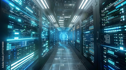 Wallpaper Mural Cybersecurity data center with rows of servers and a holographic interface for monitoring Torontodigital.ca