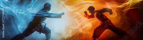 intense martial arts duel, dynamic kicks, dojo background, powerful sport background for banner, copy space photo