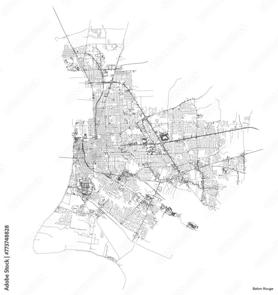 Baton Rouge city map with roads and streets, United States. Vector outline illustration.
