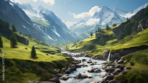 Panoramic shot of a hidden valley in the Alps, where cascading waterfalls meet emerald-green meadows, creating a scene straight out of a dream © SHAN.