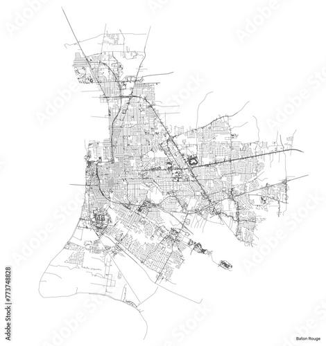 Baton Rouge city map with roads and streets, United States. Vector outline illustration.