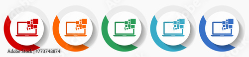 Laptop, notebook, computer vector icon set, flat icons for logo design, webdesign and mobile applications, colorful round buttons
