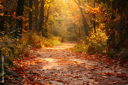 A winding forest path covered in fallen leaves leading to a sunlit clearing