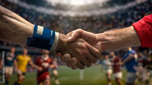 the sportsmanship of a handshake between opposing players at the end of a hard fought match photo