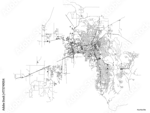 Huntsville city map with roads and streets, United States. Vector outline illustration.