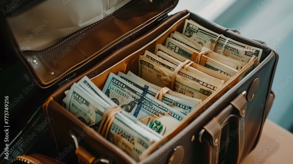 Close-up of a leather suitcase full of bundled cash, concept of wealth and financial success. Perfect for a finance-themed project. Stylish and high-quality imagery. AI Close-up of a leather suitcase full of bundled cash, concept of wealth and financial success. Perfect for a finance-themed project. Stylish and high-quality imagery. AI