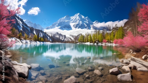Serene alpine lake nestled between snow-capped peaks, reflecting the azure sky and colorful blossoms in a perfect springtime panorama