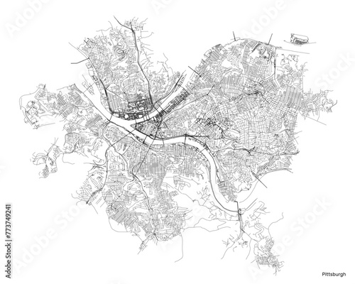 Pittsburgh city map with roads and streets, United States. Vector outline illustration.