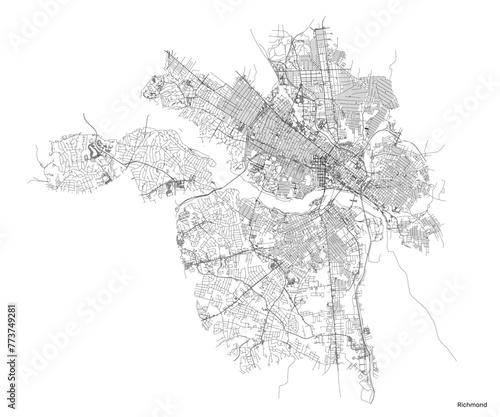 Richmond city map with roads and streets, United States. Vector outline illustration.