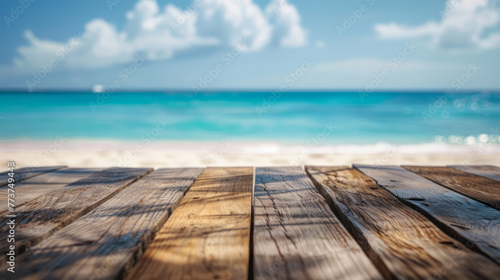 Warm sunny ambiance with a close-up view of a wooden surface, leading to a defocused background of a tropical sea