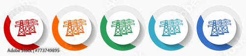 Power line, energy towers vector icon set, flat icons for logo design, webdesign and mobile applications, colorful round buttons