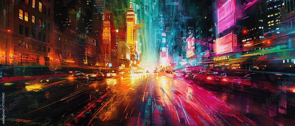 A colorful cityscape with a neon sign in the background
