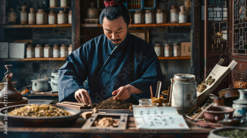 A practitioner of Traditional Chinese medicine preparing herbal remedies, highlighting the ancient wisdom of holistic healing photo