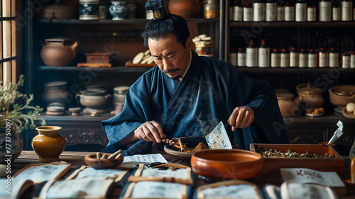 A practitioner of Traditional Chinese medicine preparing herbal remedies, highlighting the ancient wisdom of holistic healing photo