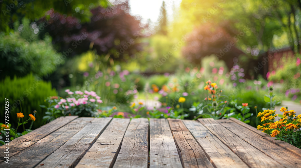 Fototapeta premium This image features a wooden tabletop with a soft focus on the flowering garden, symbolizing new beginnings