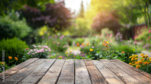 This image features a wooden tabletop with a soft focus on the flowering garden  symbolizing new beginnings