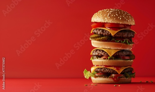 Photo of a double cheeseburger on a red background with copy space, symbolizing fast food and in the style of shutterstock photography © Sikandar Hayat