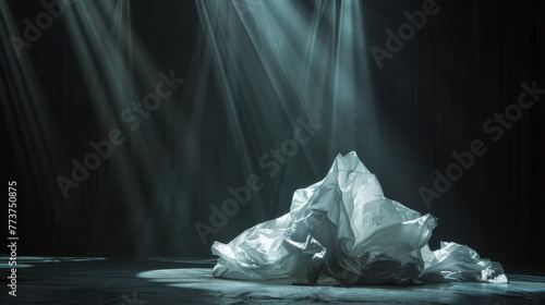 An eerie scene with fabric shapes lit by beams of light conveying a sense of drama and suspense on stage