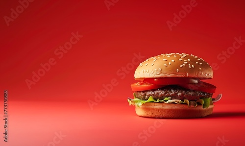 Photo of a large hamburger on a red background with copy space, a simple studio setup in the style of Canon EOS, DSLR, + Focus stacking © Sikandar Hayat