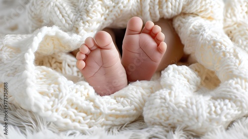 Cozy and Peaceful Newborn Baby Feet Wrapped in Soft White Blanket. Feel the Touch of Innocence and New Life Beginning. Perfect for Family Albums and Advertisements. AI