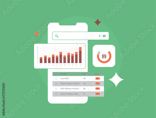 SEO Position Tracking Software, Search Engine Rank monitoring. Website SEO analysis, keyword rank tracker tool vector isolated illustration on green background with icons