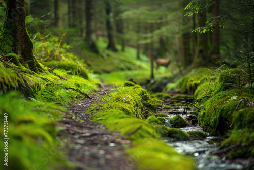 A mossy forest path with a stream running alongside it and a deer standing in the distance