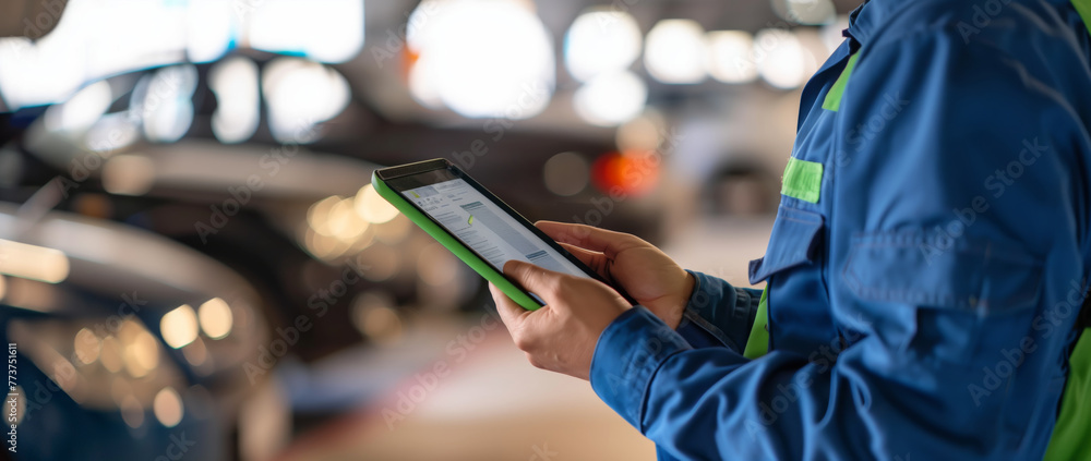Car mechanic in a blue uniform using a digital tablet to check a car engine under the hood at the auto repair shop