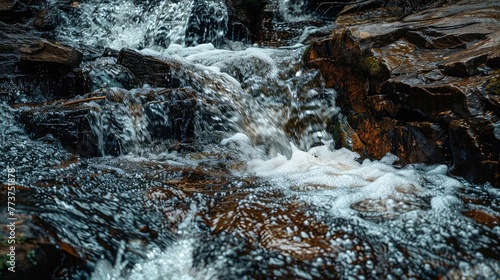 Design a captivating image of a cascading waterfall  emphasizing the dynamic textures of the rushing water.