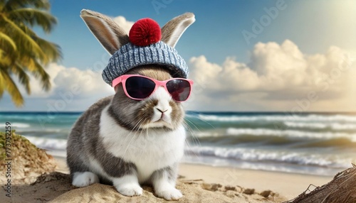 Beach Bunny Chic: Easter Rabbit in Sunglasses and Winter Cap"